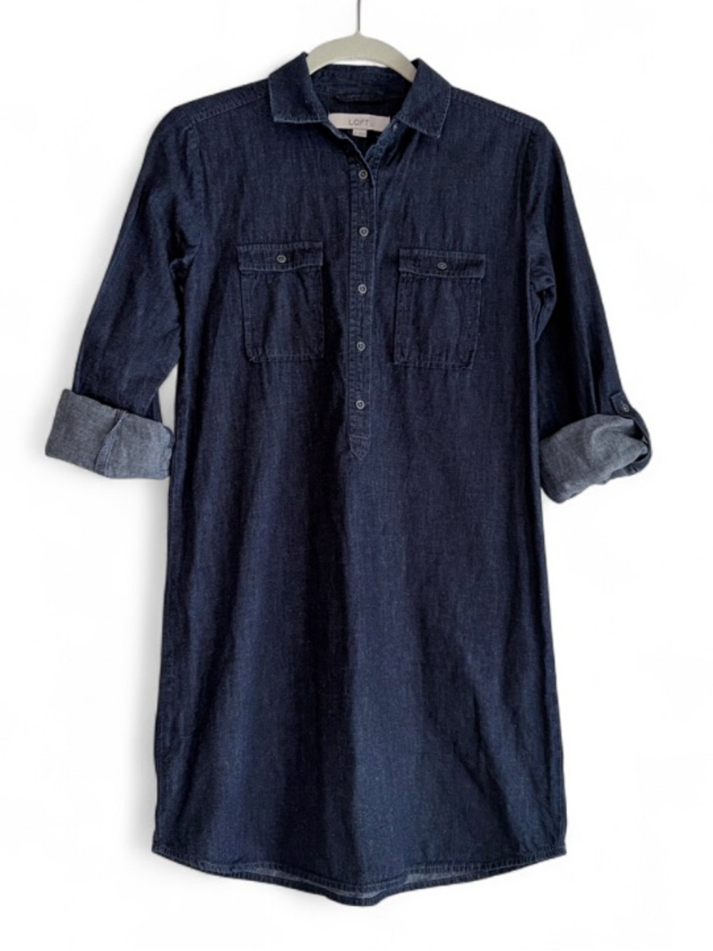 Loft Cotton Silk Blend Roll Sleeve Denim Shirt Dress Size XS - Picture 1 of 7